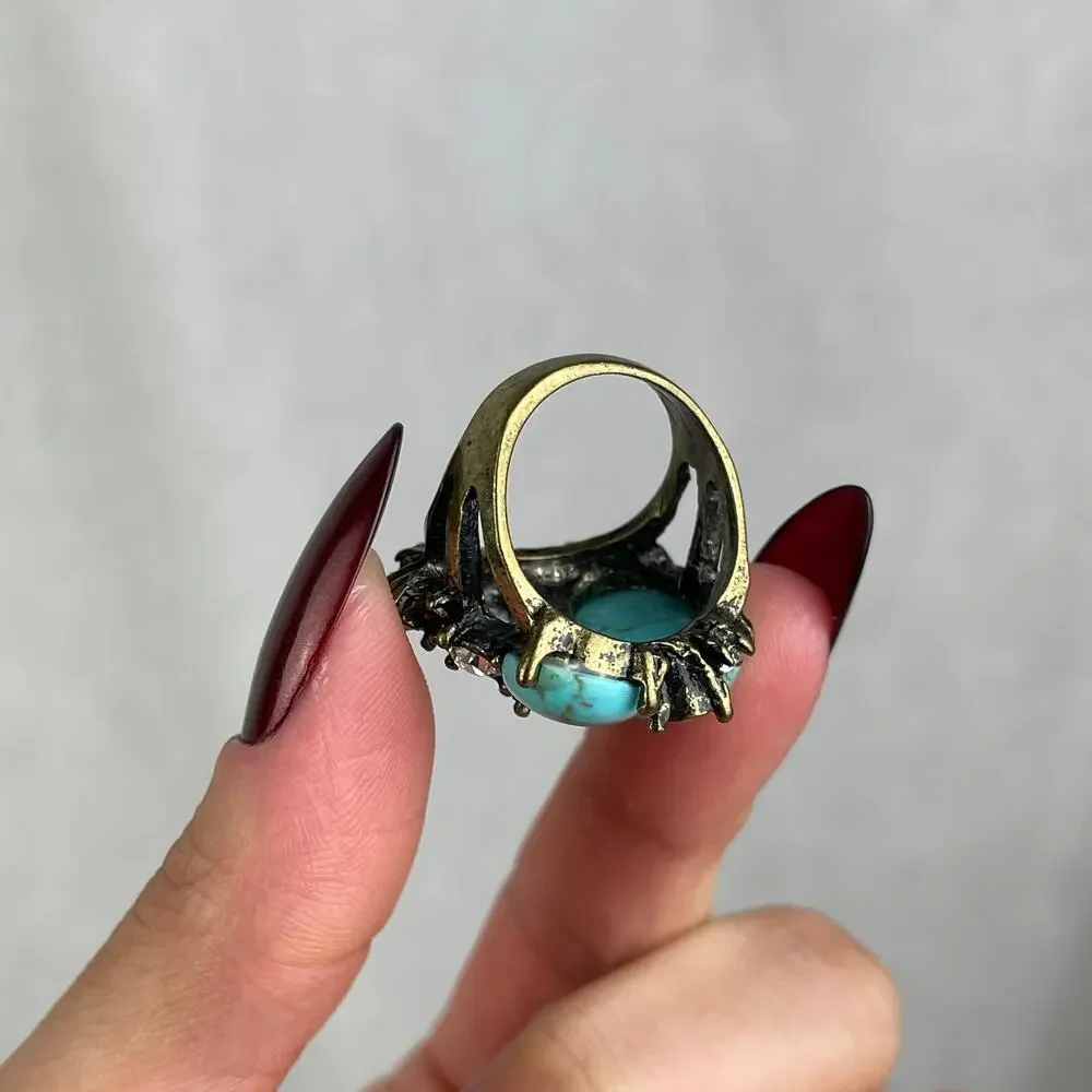 VTG Y2K Urban Outfitters Turquoise Howlite Rhinestone Statement Ring Gold 6-6.5 - Picture 15 of 16